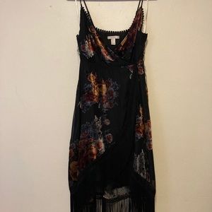 Floral Velvet Flock Printed Wrap Dress with Fringe